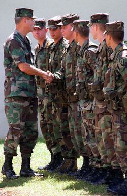 US Army Lieutenant General William M. Steele, Commanding General US Army Pacific, Fort Shafter, Hawaii, meets with troops operating at Andersen Air Force Base, Guam, during Operation PACIFIC HAVEN. The operation, a joint humanitarian effort conducted by the US military, entails the evacuation of over 2,100 Kurds (not shown) from northern Iraq to avoid retaliation from Iraq for working with the US government and international humanitarian agencies. The Kurds will be housed at Andersen AFB, while they go through the immigration process for residence in the United States