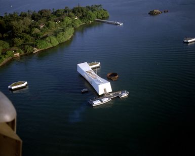 An aerial view of the ARIZONA (BB-39) Memorial