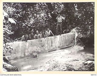 WUNUNG PLANTATION, JACQUINOT BAY, NEW BRITAIN. 1944-12-08. CAPTAIN C.H. JENKINS, (6), WITH HIS MEN AT THE JENKINS DAM, WHICH HOLDS 20,000 GALLONS AND SUPPLIES HQ 5 DIVISION BY PIPELINE. THE DAM WAS ..