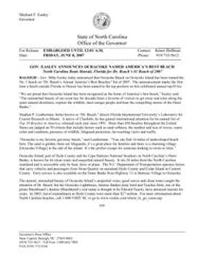 Easley, Michael. Press Release, 2007-06-08, Gov. Easley Announces Ocracoke Named America's Best Beach: North Carolina Beats Hawaii, Florida For Dr. Beach's #1 Beach Of 2007