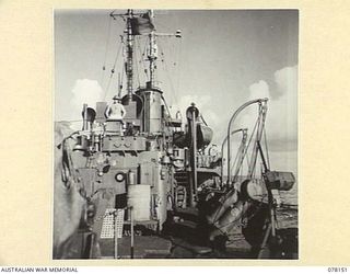 MIOS WUNDI, DUTCH NEW GUINEA. 1944-11-15. A VIEW OFU THE SHIP FROM THE AFTERDECK OF THE ROYAL AUSTRALIAN NAVY VESSEL HMAS KIAMA