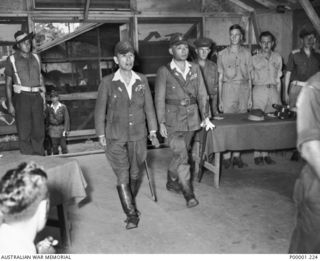 THE SOLOMON ISLANDS, 1945-09-08. LIEUTENANT GENERAL MASATANE KANDA, COMMANDER JAPANESE XVII ARMY, AND VICE ADMIRAL BARON TOMOSHIGE SAMEJIMA, COMMANDER JAPANESE EIGHTH FLEET, MOVE INTO THE BATTLE ..