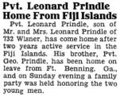 Pvt. Leonard Prindle Home From Fiji Islands