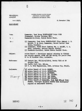 COMTASK-GROUP 38.4 - Rep of Ops Against Shipping in the Visayan Is, Philippines & During Strikes on Luzon Is, Philippines & Yap Is, Carolines, 11/10-22/44