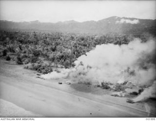 WEWAK AREA, NORTH EAST NEW GUINEA. 1945-03. TARGETS IN THE WEWAK AREA SET ON FIRE BY BEAUFORT BOMBER AIRCRAFT OF NO 8 SQUADRON RAAF AND NO. 100 SQUADRON RAAF. JAPANESE, "SMOKED OUT" BY THE FIERCE ..