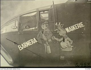 MADANG, NEW GUINEA. C. 1945-05. CLOSE-UP OF THE NOSE ART INSIGNIA ON THE FUSELAGE OF THE BEAUFORT BOMBER AIRCRAFT, A9-500, NICKNAME "BARMERA-WAIKERIE", OF NO. 15 SQUADRON RAAF NOW IN OPERATIONS IN ..