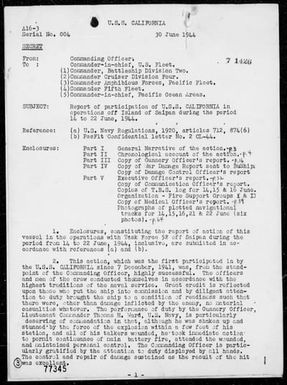 CALIFORNIA - Rep of Participation in Ops off Saipan Is, Marianas, 6/14-22/44