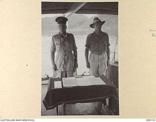 KAIRIRU ISLAND, NEW GUINEA. 1945-09-10. JAPANESE GARRISON FORCES ON KAIRIRU AND MUSCHU ISLANDS, COMMANDED BY REAR ADMIRAL S. SATO, FORMALLY SURRENDERED TO MAJOR GENERAL H.C.H. ROBERTSON, GENERAL ..