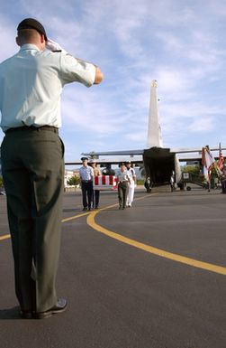 A U.S. Army Soldier salutes while a joint military Honor Guard carries a casket draped with an American flag containing remains of believed to be of a U.S. military member found in the Papua New Guinea, Laos and Burma area during a repatriation ceremony at Hickam Air Force Base, Hawaii, on Dec. 17, 2004. The remains will be taken to the Joint POW/MIA Accounting Command where the forensic identification process begins. In the background is a U.S. Air Force C-130 Hercules cargo aircraft. (USAF PHOTO by Mysti Bicoy, CIV) (Released)