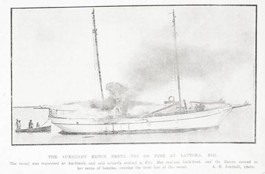 The auxiliary ketch Breta Tui on fire at Lautoka, Fiji