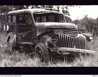 PORT MORESBY, NEW GUINEA. 1943-11-11. A TRUCK OF HEADQUARTERS, NEW GUINEA FORCE WHICH WAS WRECKED IN A COLLISION WITH A JEEP