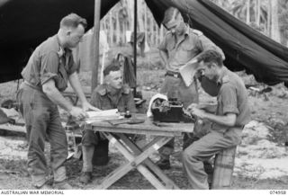 HANSA BAY, NEW GUINEA. 1944-07-29. A COURT OF ENQUIRY IN SESSION IN RESPECT OF A LOSS OF STORES FROM THE 8TH INFANTRY BRIGADE. IDENTIFIED PERSONNEL ARE:- NX112703 CAPTAIN O. HEWISON-COOPER (1); ..