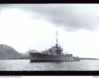 RABAUL, NEW BRITAIN, 1946-03-07. HMAS BARCOO (K375), OF THE ROYAL AUSTRALIAN NAVY, MOORED IN THE HARBOUR. (PORT VIEW)