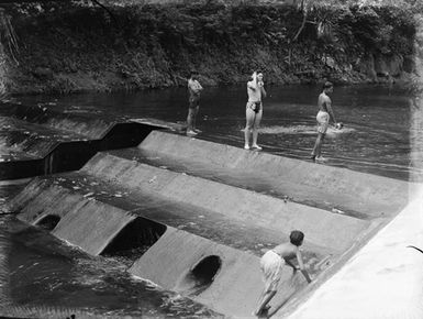 [Swimmers standing on top of dam]