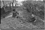 Woman cuts grass near government rest house, anticipating visit of patrol officer, while mother breastfeeds child