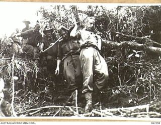 SHAGGY RIDGE, NEW GUINEA. 1943-12-27. A STRETCHER PARTY OF THE 2/16TH AUSTRALIAN INFANTRY BATTALION, 21ST AUSTRALIAN INFANTRY BRIGADE NEGOTIATING A DIFFICULT TRACK WITH A WOUNDED SOLDIER DURING THE ..