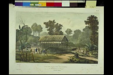 Vue du village d'Aiambo sur les hauteurs de Dorey, Nouvelle Guinee / de Sainson pinx.; Vander Burch lith., 1830