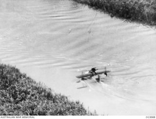 WEWAK AREA, NORTH EAST NEW GUINEA. C. 1945-06. THE SUPERMARINE WALRUS AMPHIBIAN AIRCRAFT OF A RAAF AIR-SEA RESCUE FLIGHT LANDS ON THE SWIFT-RUNNING WATERS OF THE KERAWARI RIVER TO BRING TWO NATIVE ..