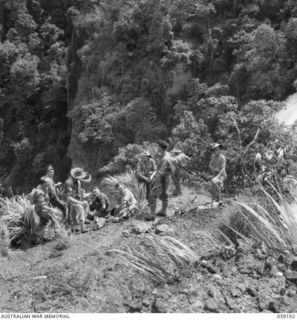 LALOKI VALLEY, NEW GUINEA. 1943-11-05. A PATROL FROM THE NEW GUINEA FORCE TRAINING SCHOOL (JUNGLE WING) ON AN EXERCISE NEAR THE ROUNA FALLS. SHOWN: NX11590 SERGEANT J. W. MORRIS (1); QX36566 ..