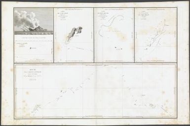 Voyage de la corvette l'Astrolabe : exécuté par ordre du roi, pendant les annees 1826, 1827, 1828, 1829, sous le commandement de M. J. Dumont D'Urville, capitaine de vaisseau.: Le volcan Mathew / Carte de l'Ile Gouap (I. Iap des cartes) ... / Carte des Iles Goulou (Is. Matelotas des cartes) Carolines Occidentales / Carte de la partie orientale des Iles Pelew / Route de la corvette l'Astrolabe au travers des Carolines