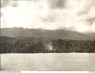 Karkar Island, New Guinea. 1944-05-18. Japanese occupied shore positions on the western coast of the island under fire during the bombardment of the island by HMA Motor Launches. It is anticipated ..