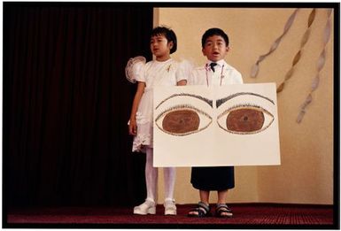 Samoan White Sunday celebrations, Congregational Christian Church of Samoa, Grey Lynn, Auckland. Milovale Tiatia (left) and Masei Kovia (right) perform theatre