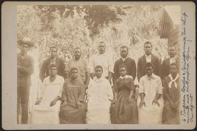Six Tongoan brides and bridegrooms and their chief