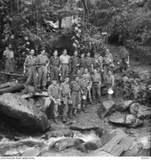 BUI EO CREEK, NEW GUINEA. 1943-08-07. MESS PARADE OF THE 17TH AUSTRALIAN INFANTRY BRIGADE, HEADQUARTERS. LEFT TO RIGHT:- BACK ROW: VX5655 WARRANT OFFICER (WO) 2 F. BAILEY; SX9708 LANCE SERGEANT ..