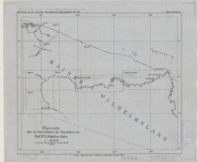 Forschungen im Innern der Insel Neuguinea : (Bericht des Fuhrers uber die wissenschaftlichen Ergebnisse der deutschen Grenzexpedition in das westliche Kaiser-Wilhelmsland 1910): Ubersicht uber die Kartenblater der Expedition von Prof. Dr. L. Schultze Jena [Linen copy]