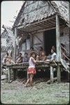 Mortuary ceremony: woman (l) has brought banana leaf bundles for exchange ritual, group of women on house veranda