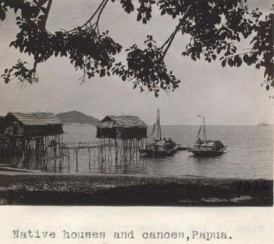 Native houses and canoes, Port Moresby, Papua New Guinea.