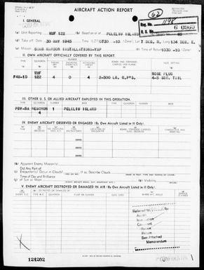 VMF-122 - ACA rep #65 - Bombing & strafing targets in the Yap Area, Carolines on 5/30/45