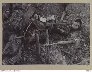 WIRUI MISSION, WEWAK AREA, NEW GUINEA, 1945-05-15. TWO DEAD JAPANESE SOLDIERS IN A PILLBOX WHICH HAD BEEN OPERATED ON BY OUR ARTILLERY. THE AREA IS NOW OCCUPIED BY 2/4 INFANTRY BATTALION TROOPS