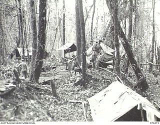 PROTHERO 2 AREA, FARIA RIVER, NEW GUINEA, 1944-02-16. THE BRIGADE HEADQUARTERS CAMP SITE OF THE 57/60TH INFANTRY BATTALION, SITUATED BETWEEN THE PROTHERO FEATURES