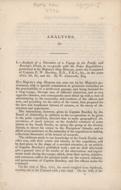 Analysis of A Narrative of a voyage to the Pacific and Beering's Strait, to co-operate with the Polar expeditions; performed in his Majesty's ship Blossom, under the command of Captain F.W. Beechey ... 1825, 26, 27 and 28 / by W. Ainsworth