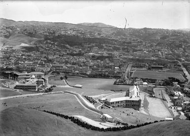 View of Wellington, taken from Mt Victoria, showing the Dominion Museum, the Basin Reserve and Wellington East Girls' College