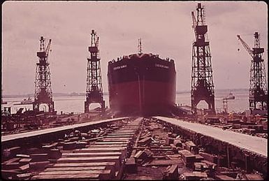 THE LAUNCHING OF THE NEW TANKER, "CHEVRON HAWAII" FROM THE SPARROWS POINT SHIPYARD. THE CONSTRUCTION OF OIL TANKERS PROVIDES A MAJOR SOURCE OF EMPLOYMENT FOR BALTIMORE WORKERS