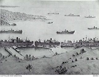 ORO BAY, NEW GUINEA. 1943-01. PHOTOGRAPH OF A DRAWING BY JOHN MCBRYDE DEPICTING THE LIBERTY DOCKS AND BAY FROM THE PORT WAR SIGNAL STATION. (NAVAL HISTORICAL COLLECTION)