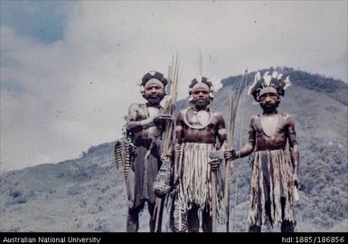 Men with bows and arrows, mountain view