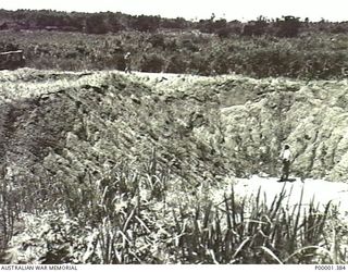 NEW IRELAND, 1945-10. NEW ZEALAND SERVICE PERSONNEL EXAMINING A LARGE HOLE IN THE GROUND. (RNZAF OFFICIAL PHOTOGRAPH.)