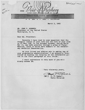 Letter inquiring into PT-109 and natives of the Solomon Islands, 5 March 1962