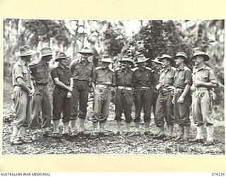 SIAR, NEW GUINEA. 1944-06-23. COMPANY COMMANDERS OF THE 57/60TH INFANTRY BATTALION. IDENTIFIED PERSONNEL ARE:- VX114142 J.H. NEWSTEAD (1); SX15733 CAPTAIN M.G. GRATTON (2); VX133031 CAPTAIN W.A. ..