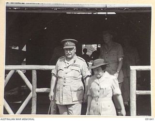 LAE, NEW GUINEA. 1945-05-11. GENERAL SIR THOMAS A. BLAMEY, COMMANDER-IN-CHIEF, ALLIED LAND FORCES, SOUTH WEST PACIFIC AREA (1), ACCOMPANIED BY LIEUTENANT COLONEL M.J. SPENCER, ASSISTANT CONTROLLER ..