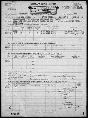 VMSB-245 - ACA rep #222 - Reconnaissance, bombing & strafing targets in the Yap Area, Carolines on 5/14/45
