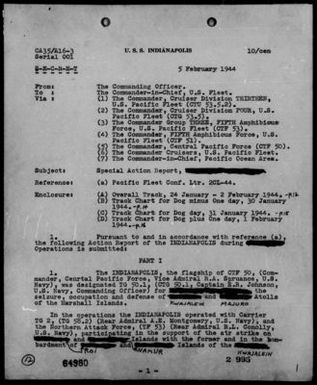 USS INDIANAPOLIS - Act Rep, Marshall Islands, 1/26/44 to 2/2/44