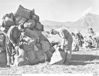 DUMPU, NEW GUINEA. 1943-12-21. MEMBERS OF FORWARD POST OFFICE 28, 7TH AUSTRALIAN DIVISION POSTAL UNIT, DUMPU, STACKING BAGS OF CHRISTMAS LETTERS AND PARCELS. THEY ARE: NX41886 PRIVATE A. K. ORR ..