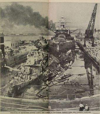 Bombed at Pearl Harbour: the wreckage of the destroyers Downes (left) and Cassin. Behind is the battleship Pennsylvania, only slightly damaged