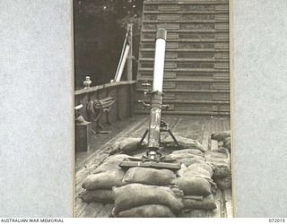 KILIGIA, PAPUA, NEW GUINEA. 1944-04-03. A 4.2 INCH MORTAR OF THE 101ST BRIGADE SUPPORT COMPANY, HEADQUARTERS 5TH DIVISION, POSITIONED ON THE FLOOR OF A LANDING CRAFT MECHANICAL DURING A PRACTICE ..