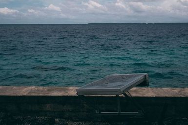 Solar panel infront of seal, Fakaofo, Tokelau