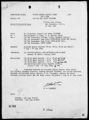 COMAIRGR 13 - Report of Air Operations during the Period 7/8-27/44 – Strikes on Iwo Jima & Haha Jima in the Bonins; Guam & Rota in the Marianas & the Palau Islands